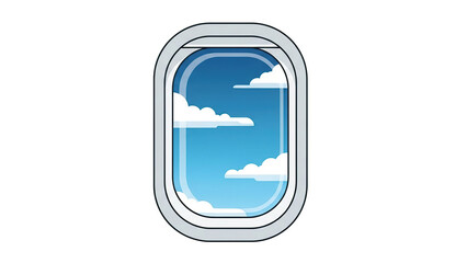 An airplane window with a view of a cloudy sky  in white background.