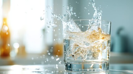 A captivating moment capturing water splashing in a clear glass, set in a bright kitchen, illustrating freshness and vitality. Suitable for health and beverage-related themes.