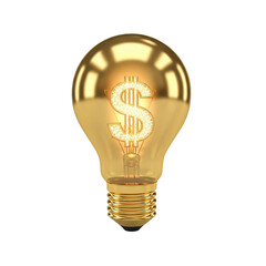 Golden vintage light bulb with illuminated dollar sign symbol inside, glowing warmly against a neutral background