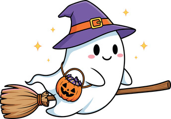 Cute cartoon ghost wearing a witch hat and flying on a broomstick with pumpkin candy basket flat vector illustration isolated on white background.