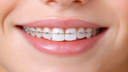 Obraz premium A close-up image of a person smiling widely, showcasing their shiny braces and healthy white teeth, demonstrating confidence and dental care.