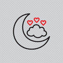 Obraz premium Romantic Night Sky Vector Icon Illustration Showing Crescent Moon Cloud and Red Hearts for Dreamy Valentine's Day and Bedtime Themes.