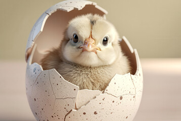 Bird hatching from egg with cracks showing in the shell and chick looking out