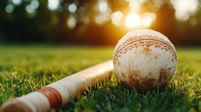 A picturesque view of a cricket ball and bat resting on lush green grass during golden hour, capturing the essence of sportsmanship and outdoor leisure. - Powered by Adobe