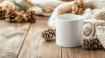 A simple white mug placed among pine cones and a knitted scarf evokes warmth and comfort, highlighting the cozy essence of winter and inviting moments of relaxation.