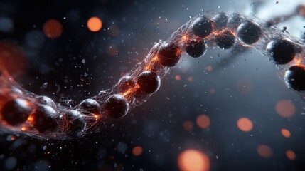 An abstract digital artwork featuring a DNA helix with glowing elements reflects the wonders of biology and human genetics, inviting viewers to ponder the mysteries of life.