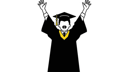 Celebrating Graduation: A student celebrates academic success and a new beginning. He wears graduation gown and a cap with a tassel, raising arms with joy in white background.