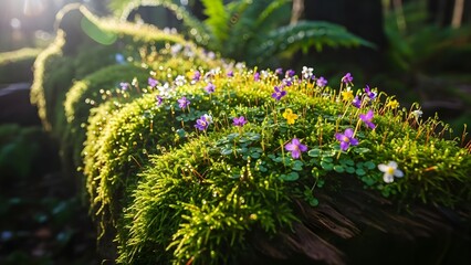 Close-up macro shot of vibrant green moss growing on a textured wooden surface, bathed in warm sunlight