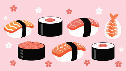Variety of sushi pieces including nigiri and maki rolls arranged on a pink background decorated with small white flowers. © Ali