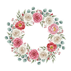 Handcrafted floral wreath with pink and white roses, eucalyptus leaves, and delicate blooms in soft natural light