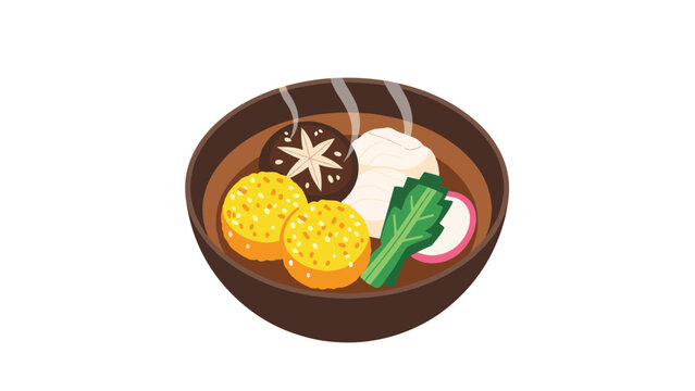 Bowl of steaming miso soup with tofu mushrooms and leafy green vegetables depicted as a healthy traditional Japanese meal.