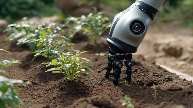 Medium shot of a sleek robot carefully planting seedlings in an urban community garden demonstrating advanced technology aiding sustainable city farming. - Powered by Adobe
