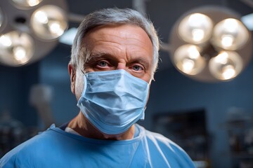 Close-up of a male surgeon wearing a surgical mask and blue scrubs, looking directly at the camera. Hospital operating room setting with bright overhead lights. Focused, professional medical portrait.