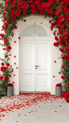 White Arched Doorway Framed with Red Roses and Petals &ndash; Romantic Entrance with Planters on White Wall