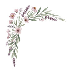 Delicate hand painted watercolor corner design with wildflowers and olive branches in muted mauve isolated on white background.png