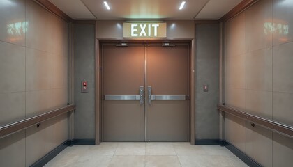 A wide set of double brown emergency exit doors with metal push bars and a white illuminated "EXIT" sign above is centrally located in a spacious, well-lit corridor of a modern institutional building.