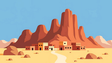 A stylized illustration features a desert town nestled at the foot of towering sandstone formations under a clear blue sky