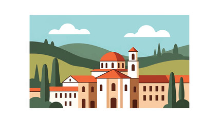 Fototapeta premium A stylized illustration features a European village scene with a church, houses, and rolling hills under a blue sky with clouds