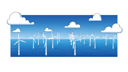 A stylized illustration features a series of offshore wind turbines rising from a textured blue sea. Fluffy clouds drift in the blue sky above © Sultan