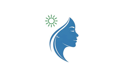 Obraz premium A stylized profile of a woman's face, rendered in blue with flowing hair, accompanied by a small green sun icon, set against a white background