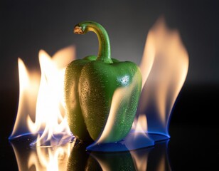 Green bell pepper burning with blue flames