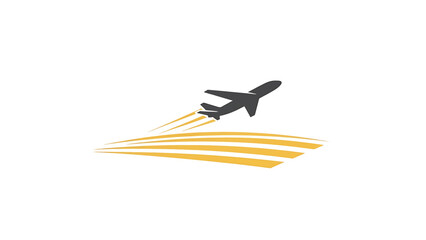 A stylized image of an airplane taking off with vapor trails and a stylized landscape below in shades of gray, orange, and white © toples
