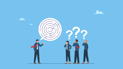 Businessman or boss explain confused labyrinth maze speech bubble to team members. Ramble, confused explanation or bad communication skill, confusion dialogue problem, unclear message.