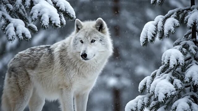 A lone wolf traverses a snowy forest, pale fur blending with frost and pines. under a quiet, pale snow