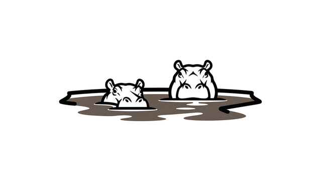 A stylized illustration features two hippos in water. The animals are partially submerged, showing only their heads. The image is minimalist with bold outlines