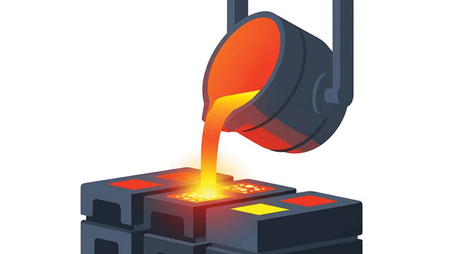 A stylized illustration of molten metal pouring into molds, representing an industrial process with vibrant colors and geometric shapes