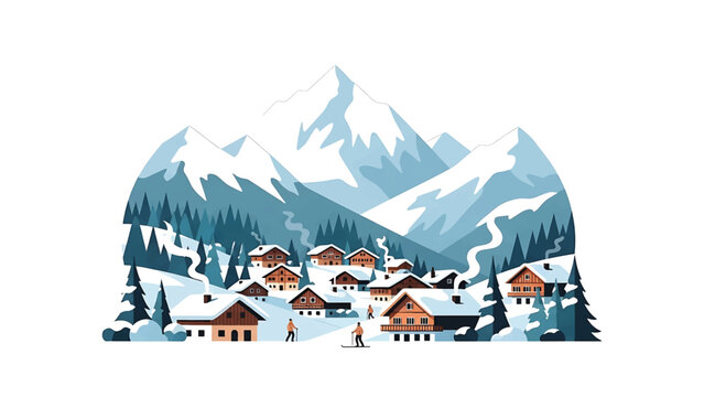 A stylized winter landscape features snow-covered chalets nestled at the foot of snowy mountains with skiers. The illustration evokes a cozy atmosphere