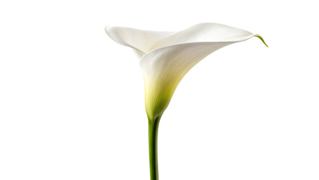 A single beautiful white calla lily flower with a green stem and elegant petal blooms in macro isolation on a white background, showcasing the natural floral beauty of this arum spring blossom