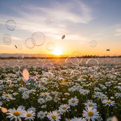 Daisy field at sunset with floating bubbles creating a magical atmosphere.