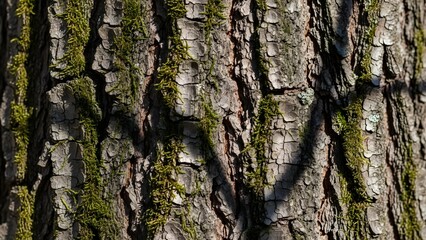 Obraz premium Close-up of rough tree bark with moss growing in the crevices, showing natural textures and shadows