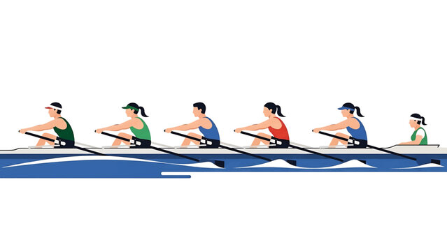 A team of six rowers in a boat is depicted. They are wearing different color tops. The boat is in a textured blue water. The oars are black