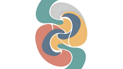 A symmetrical abstract artwork featuring curved shapes in pastel hues, arranged against a white backdrop, creating a balanced visual composition