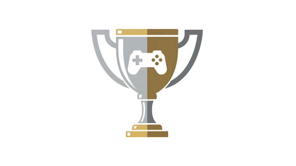 A trophy design featuring a joystick icon representing achievement and winning within the digital gaming community. The cup is split with gold and silver