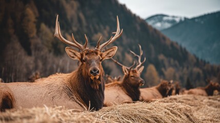 Elk resting in hay field
