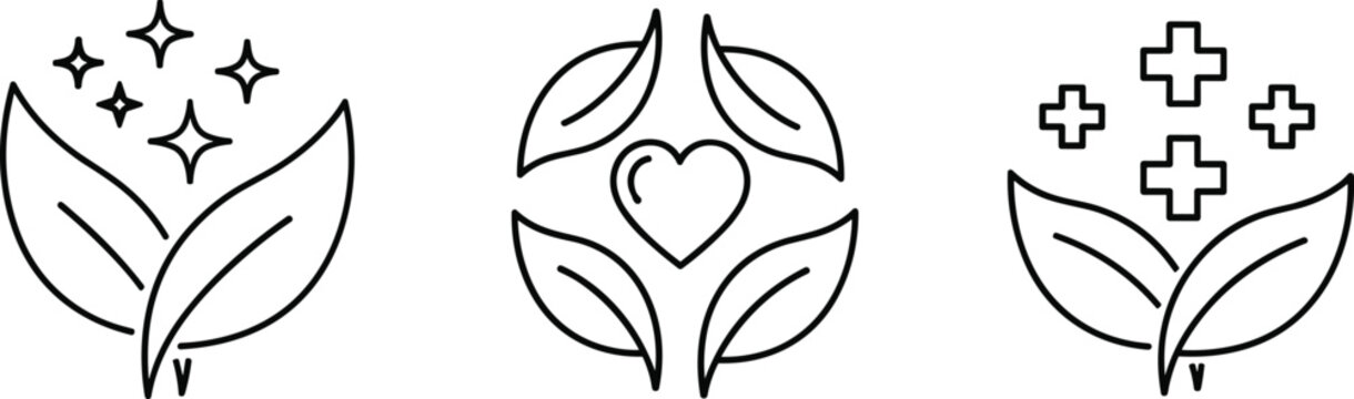 Natural organic leaf icons set with heart and cross symbols for healthcare wellness environment conservation sustainability thin line art vector.