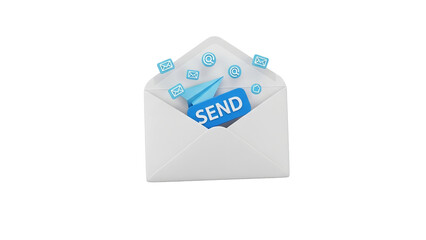 Blue send button on paper airplane emerging from envelope