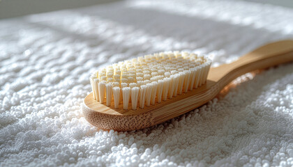 Wooden body brush on white towel with natural light