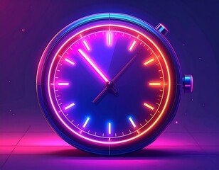 Neon lit clock face glowing brightly with hour and minute hands