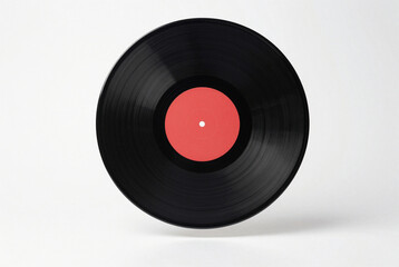 Black vinyl record with a red label on a white background.