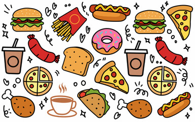 Seamless pattern background Food and ingredient kids hand drawing set illustration isolated on white background