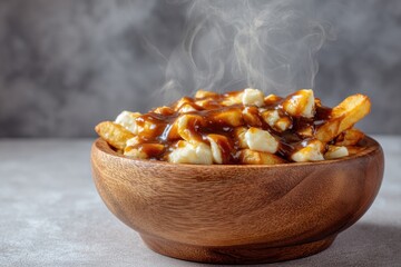 canadian poutine with crispy fries cheese curds and rich gravy in wooden bowl, hearty comfort dish photographed with steam and dark backdrop, concept of street food, cafe menu