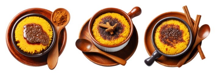 Indian baked rice pudding cornmeal dessert topped with caramelized sugar, spices and molasses isolated on white background