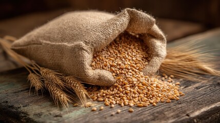 Wheat grains in burlap sack