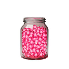Pink heart-shaped candies filling a glass jar against a white background