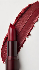 Dark Red Lipstick with Swatch on Light Background &ndash; Cosmetic Product Display with Rich Pigmentation
