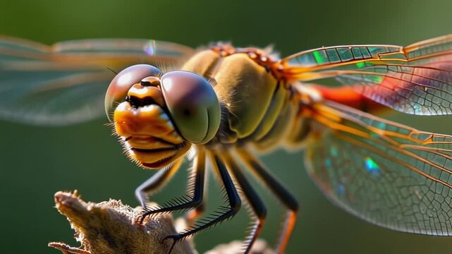 A macro shot of a vibrant dragonfly perched on a twig, showcasing intricate detail